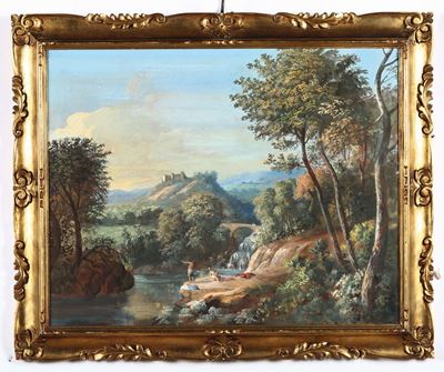 Marco Ricci (belluno 1676 - Venezia 1730), Ambito Dipaesaggio con Armenti Paesaggio con Ponte Rom...