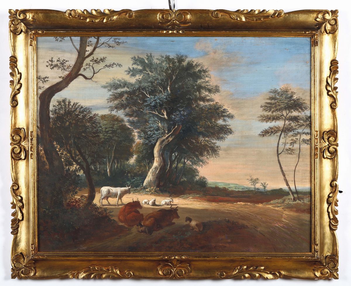 Marco Ricci (belluno 1676 - Venezia 1730), Ambito Dipaesaggio con Armenti Paesaggio con Ponte Rom...