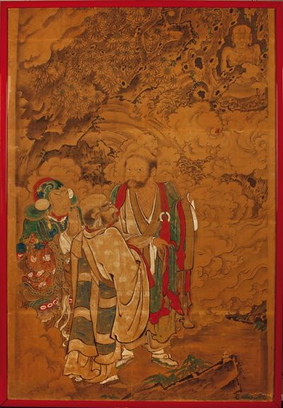 Dipinto su Carta Raffigurante Tre Saggi Durante Epifania con Divinità, Cina, Dinastia Qing, XVIII...