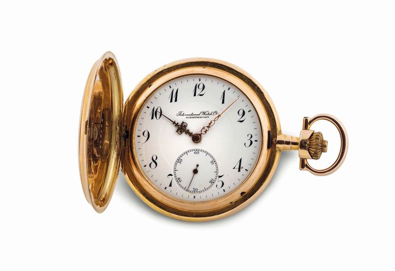 IWC, International Watch Schaffausen, 14K yellow gold, keyless, hunting cased pocket watch. Accompanied by a fitted box. Made circa 1920  - Auction Watches and Pocket Watches - Cambi Casa d'Aste