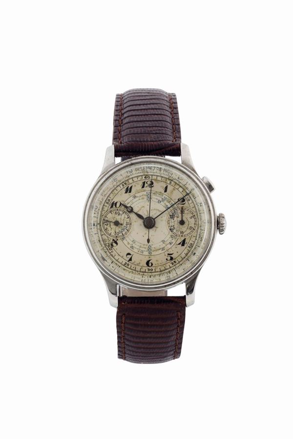 ANONIMO, orologio da polso, in acciaio, cronografo monopulsante con scala telemetrica. Realizzato circa nel 1940