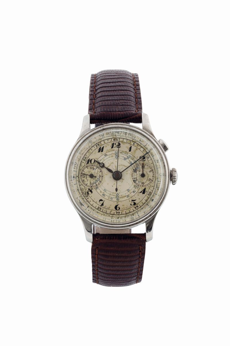 ANONIMO, orologio da polso, in acciaio, cronografo monopulsante con scala telemetrica. Realizzato circa nel 1940  - Asta Orologi da Polso e da Tasca - Cambi Casa d'Aste