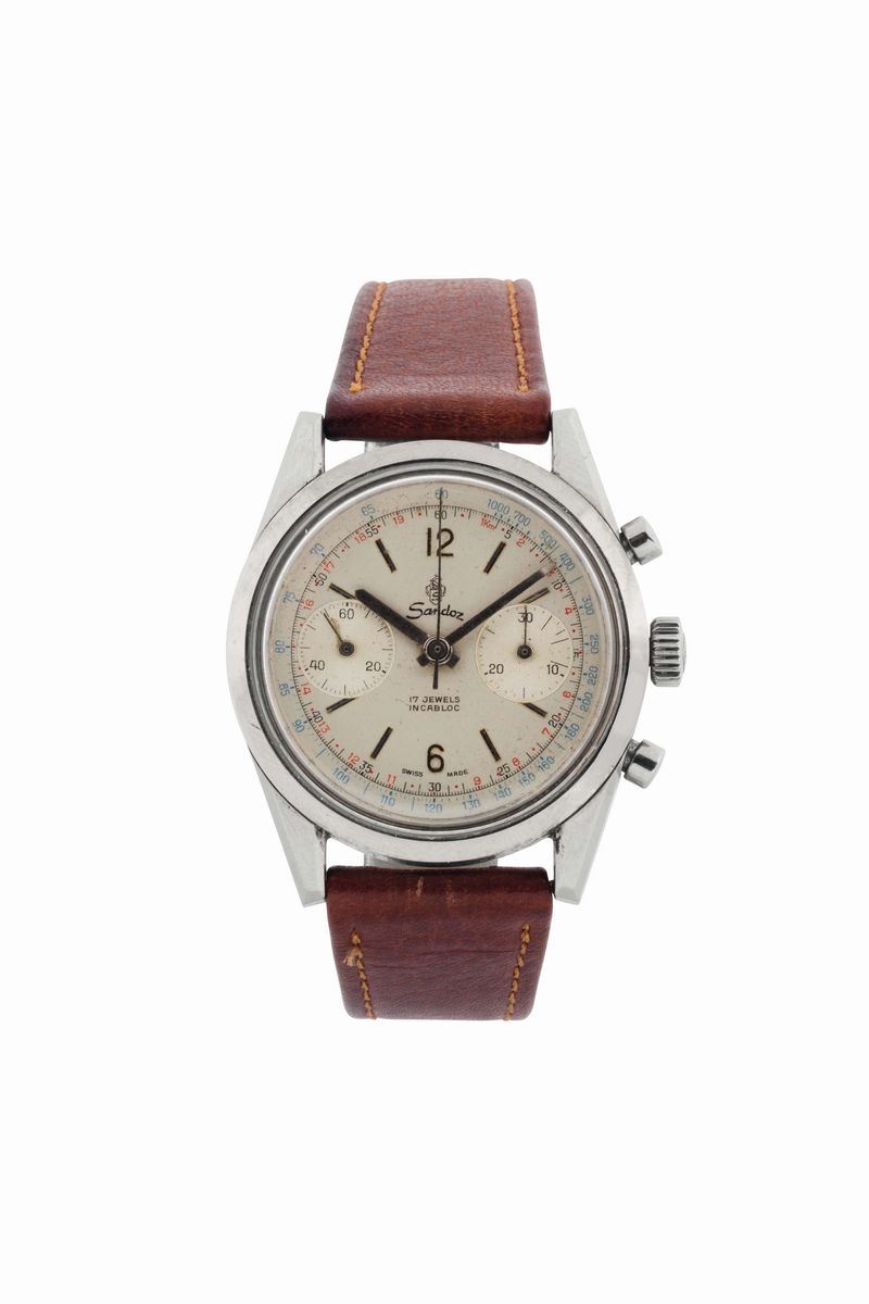 SANDOZ, orologio da polso, impermeabile, antimagnetico, cronografo in acciaio. Realizzato nel 1960 circa  - Asta Orologi da Polso e da Tasca - Cambi Casa d'Aste