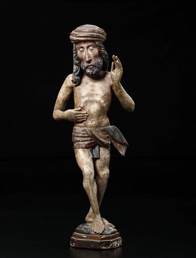 Scultura in Legno Policromo Raffigurante Cristo che Mostra le Piaghe, Finadre, XVI Secolo