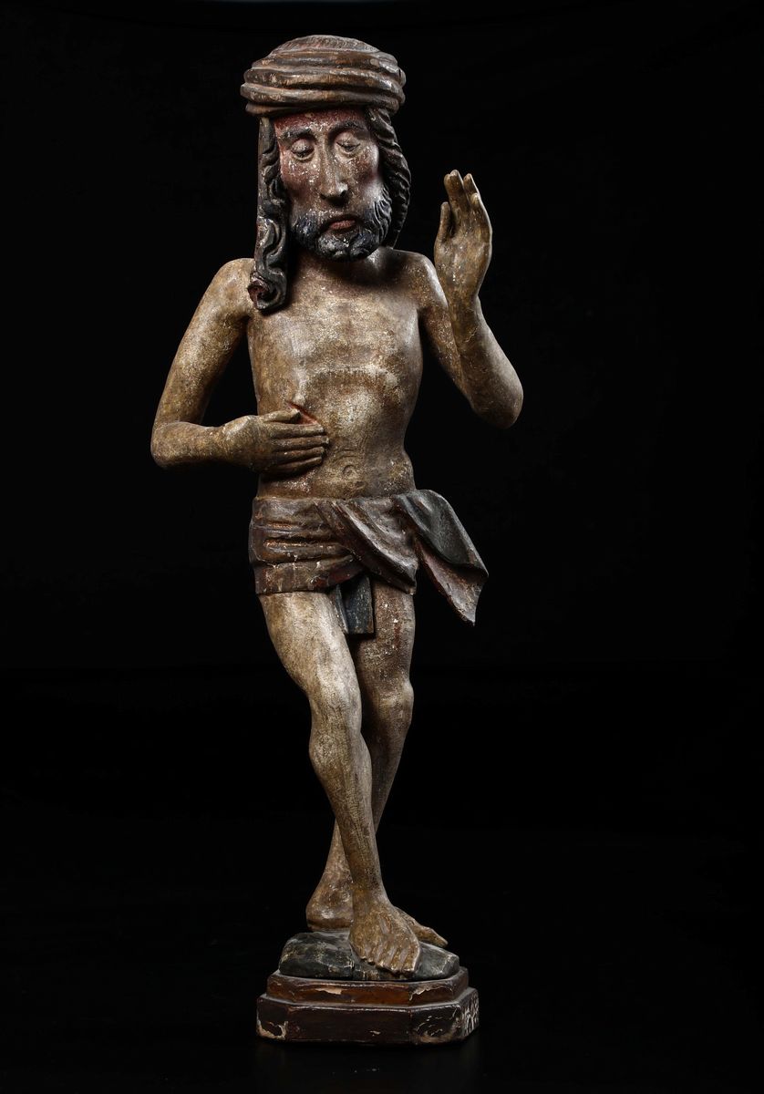 Scultura in Legno Policromo Raffigurante Cristo che Mostra le Piaghe, Finadre, XVI Secolo