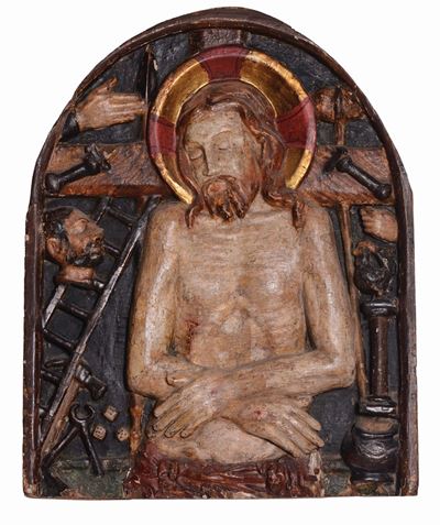 Cristo Deposto. Altorilievo Centinato in Legno Policromo. Italia Centrale del XV-XVI Secolo