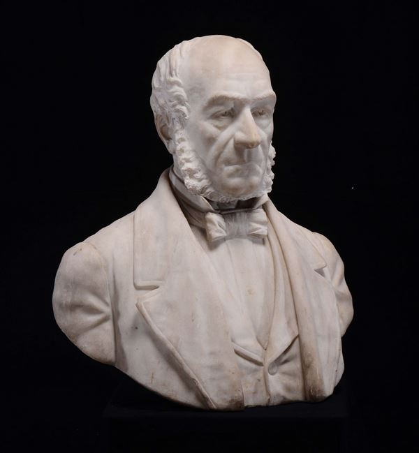 Male bust in white marble. Italian sculptor from the 19th century