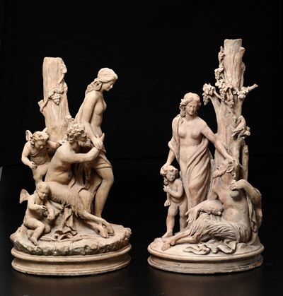 Due Gruppi con Ninfe e Satiri in Terracotta. Manifattura Napoletana della Metà del XIX Secolo