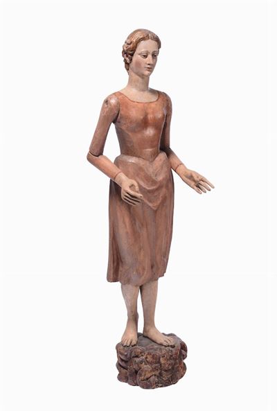 Figura Femminile Madonna (?) in Legno Scolpito e Dipinto. Arte Toscana Siena (?) XVII-XVIII Secol...