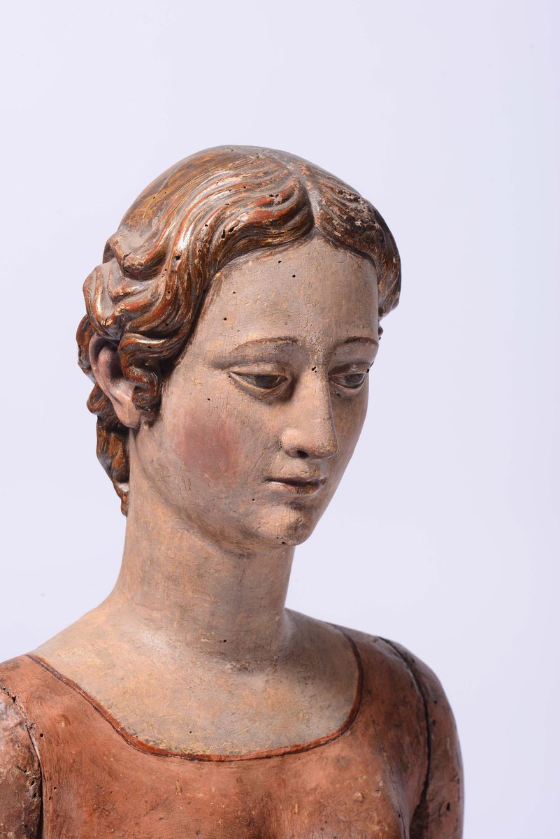 Figura Femminile Madonna (?) in Legno Scolpito e Dipinto. Arte Toscana Siena (?) XVII-XVIII Secol...