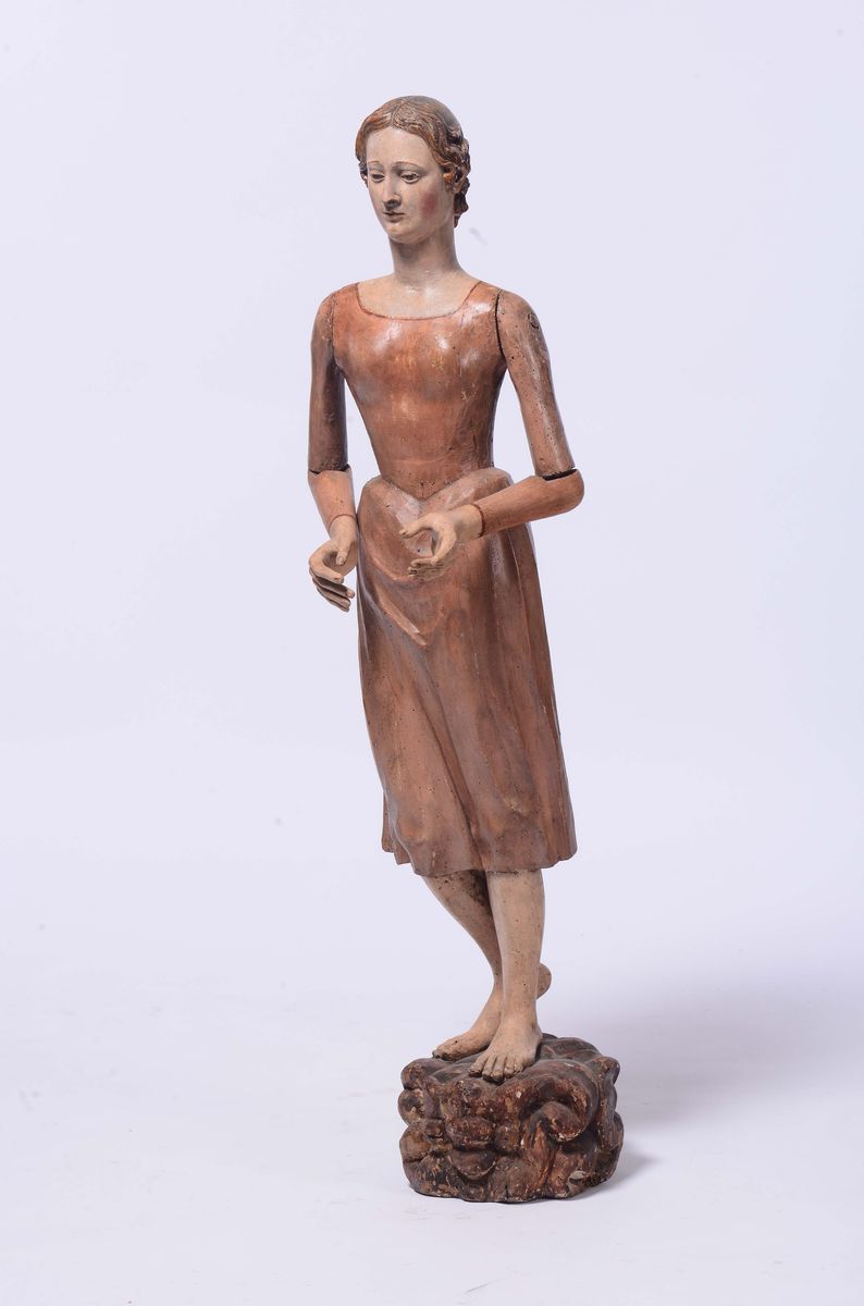 Figura Femminile Madonna (?) in Legno Scolpito e Dipinto. Arte Toscana Siena (?) XVII-XVIII Secol...