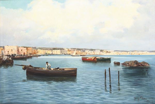 Giuseppe Pesa (1928-1992) Veduta di porto con barche