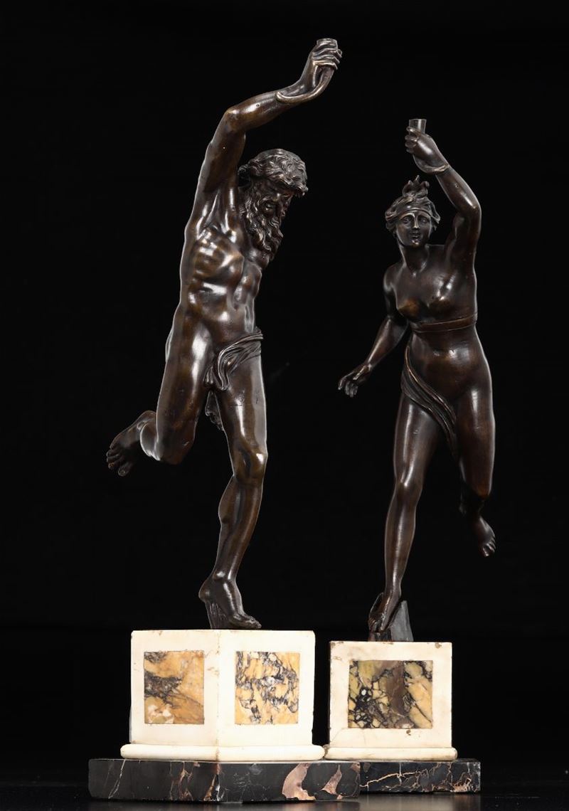 Coppia di figure mitologiche (Plutone e Proserpina?) in bronzo fuso e cesellato. Arte veneta del XVI-XVII secolo  - Asta Le Stanze di una Collezione Fiorentina - II - Cambi Casa d'Aste