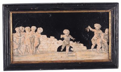 Fanciulli che Giocano con una Rana. Scagliola Monocroma su Fondo Nero Entro Cornice in Legno Dora...