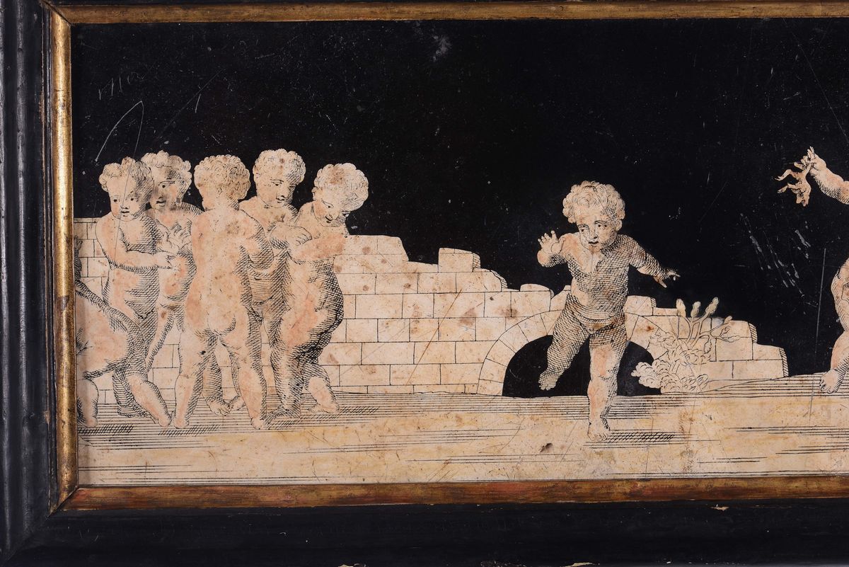 Fanciulli che Giocano con una Rana. Scagliola Monocroma su Fondo Nero Entro Cornice in Legno Dora...
