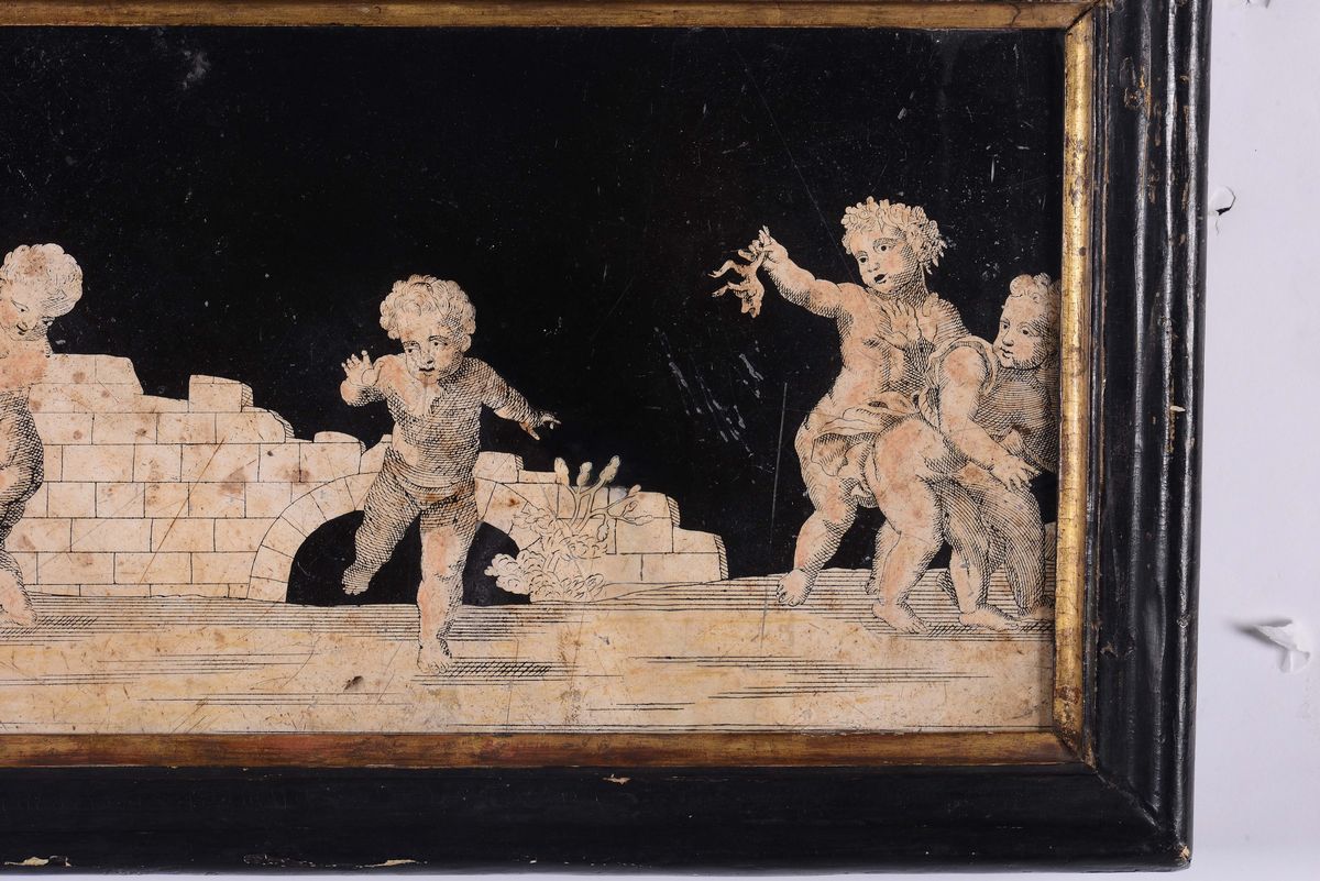 Fanciulli che Giocano con una Rana. Scagliola Monocroma su Fondo Nero Entro Cornice in Legno Dora...