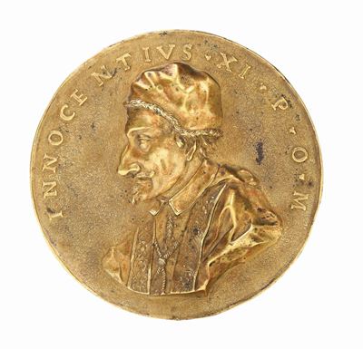 Placca Circolare in Bronzo Fuso, Cesellato e Dorato con Profilo di Papa Innocenzo XI. Fonditore R...
