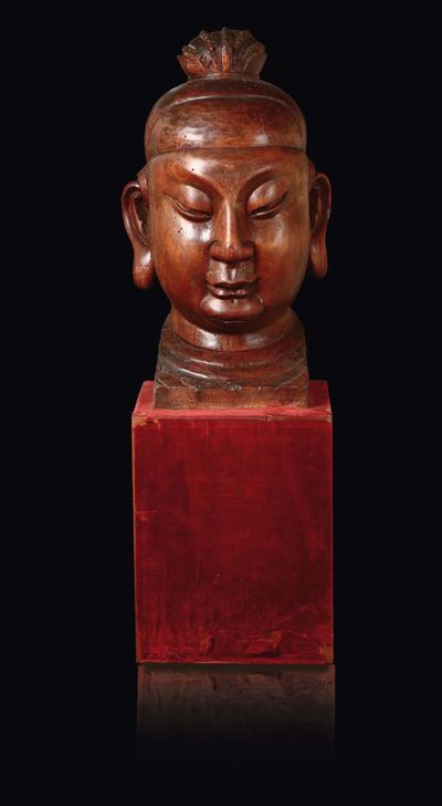 Testa Scolpita in Legno Raffigurante Dignitario, Cina, Dinastia Qing, XVIII Secolo