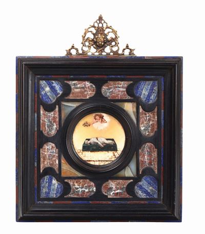 Cornice in Ebano e Pietre Dure con Raffigurazione su Alabastro della Beatificazione di una Santa ...