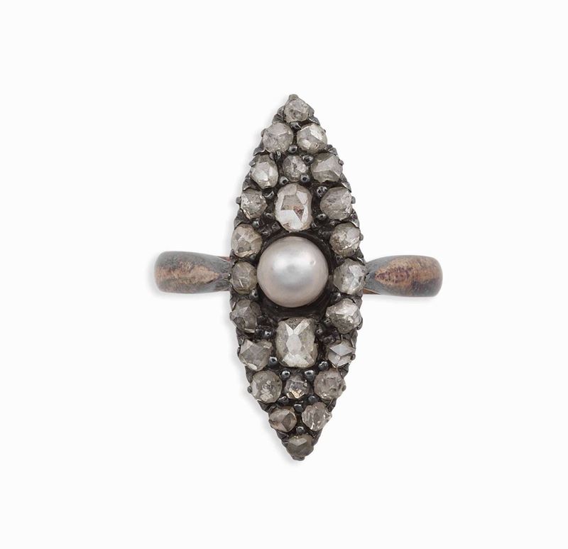 Anello a marquise con diamanti di vecchio taglio ed una perla  - Asta Vintage, Gioielli e Bijoux - Cambi Casa d'Aste