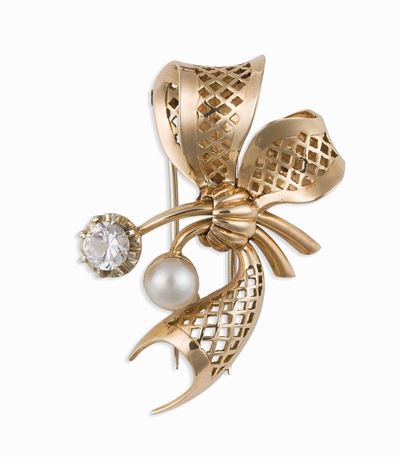 Spilla Fiocco con Diamante e Perle