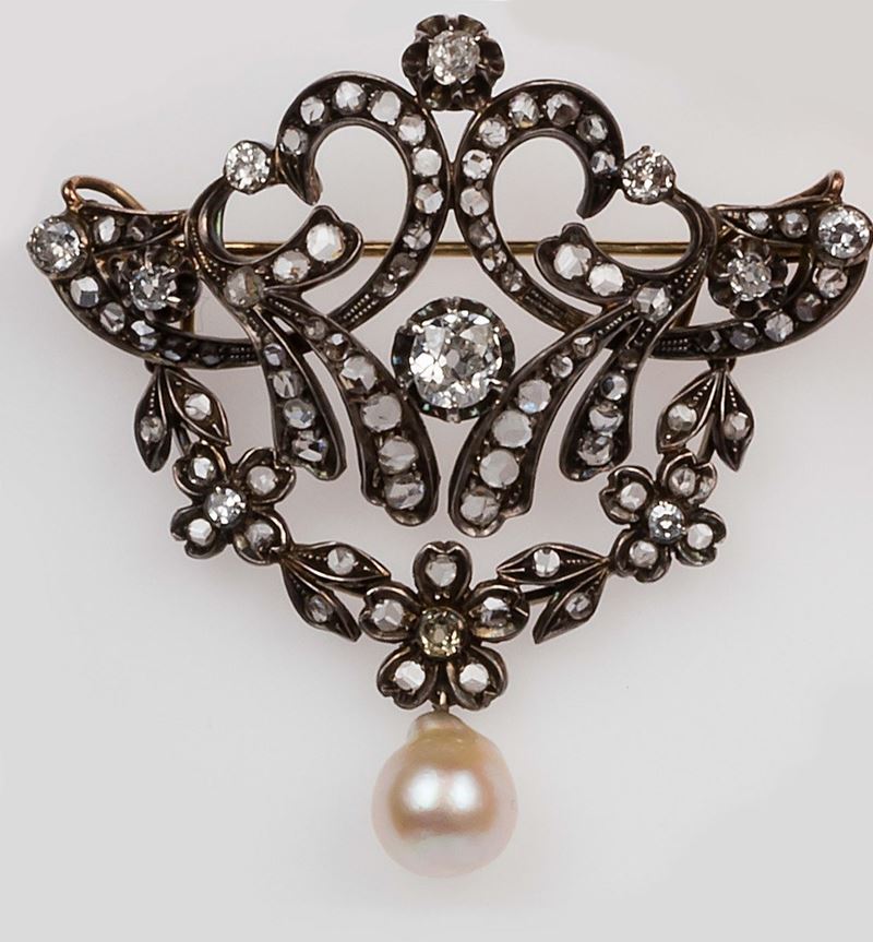 Old-cut diamond and pearl brooch  - Auction Fine Jewels - II - Cambi Casa d'Aste