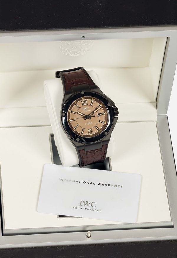 IWC,  International Watch Co., Schaffhausen, Ingenieur, case No. 3992155, Ref. IW322504,  BLACK SERIES CERAMIC. Fine, tonneau-shaped, center seconds, self-winding, water resistant, anti-magnetic, ceramic wristwatch with date and an IWC titanium buckle. Accompanied by the original Guarantee and box