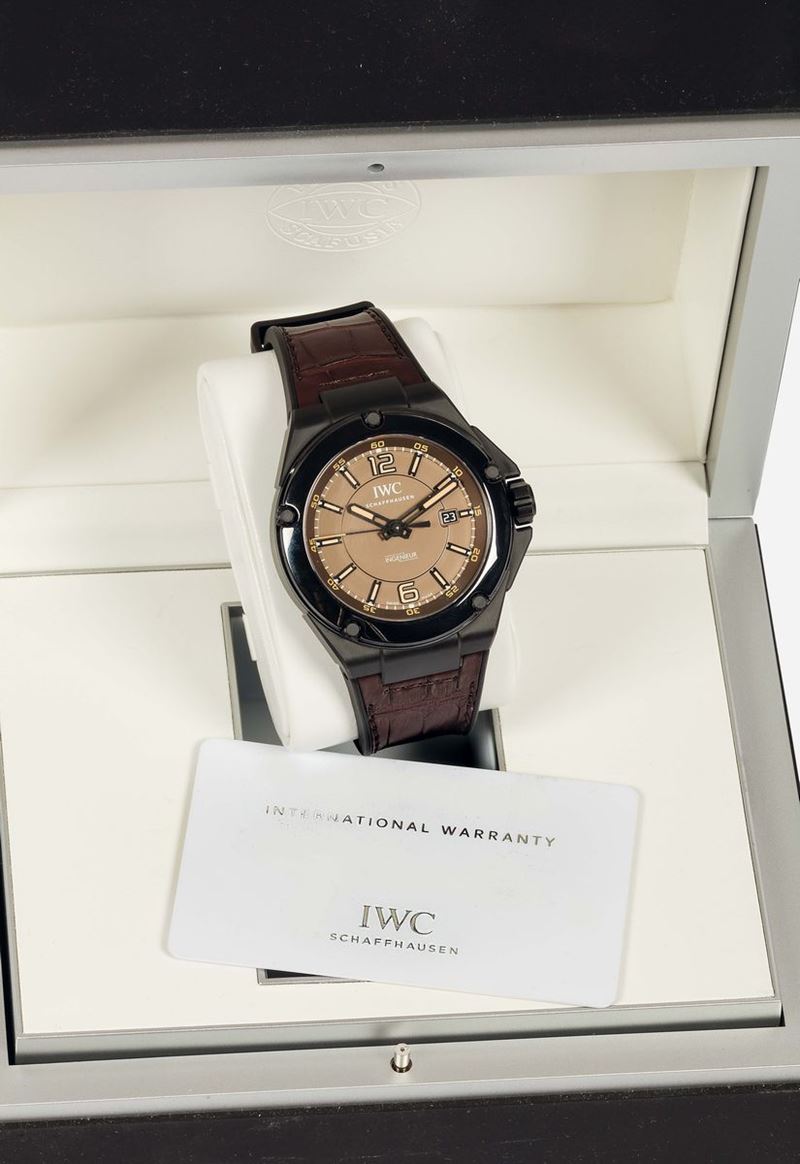 IWC,  International Watch Co., Schaffhausen, Ingenieur, case No. 3992155, Ref. IW322504,  BLACK SERIES CERAMIC. Fine, tonneau-shaped, center seconds, self-winding, water resistant, anti-magnetic, ceramic wristwatch with date and an IWC titanium buckle. Accompanied by the original Guarantee and box  - Auction Watches and Pocket Watches - Cambi Casa d'Aste
