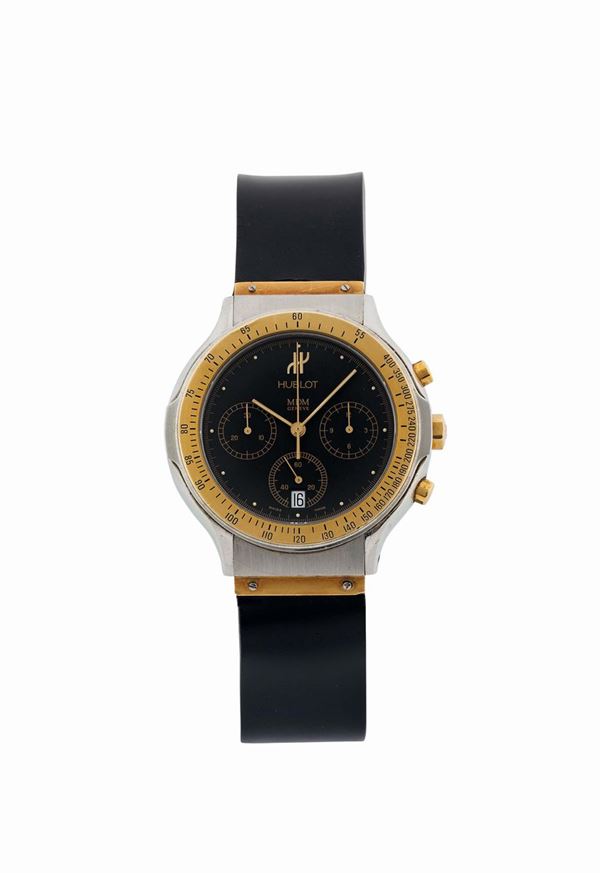 HUBLOT, MDM Geneve, orologio da polso, cronografo,  in acciaio e oro, al quarzo con chiusura deployante originale. Realizzato nel 1990 circa