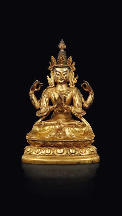 Figura di Amitayus in Bronzo Dorato Seduto su Doppio Fiore di Loto, Tibet, XVIII Secolo