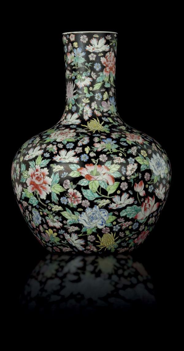 A polychrome enamelled milleflor black-ground vase, China, early 20th century