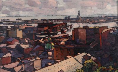 Aldo Cestino (1930-2004)tetti di Genova con la Lanterna, 1972