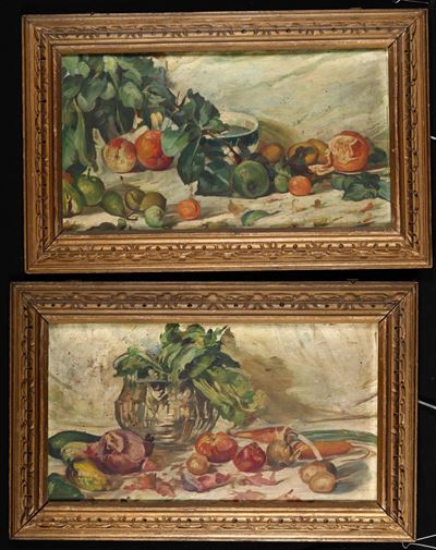 Anonimo del XIX Secolocoppia di Nature Morte con Vasellame e Ortaggi e Frutti