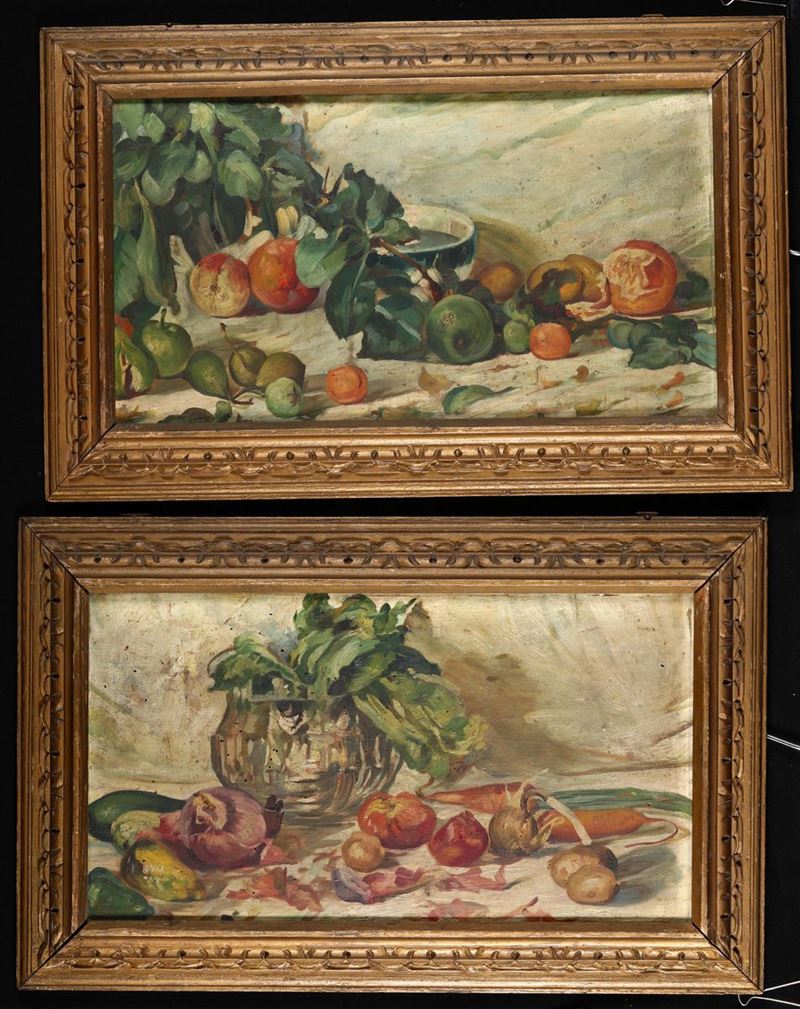 Anonimo del XIX secolo Coppia di nature morte con vasellame e ortaggi e frutti  - Auction 19th and 20th Century Paintings - Cambi Casa d'Aste