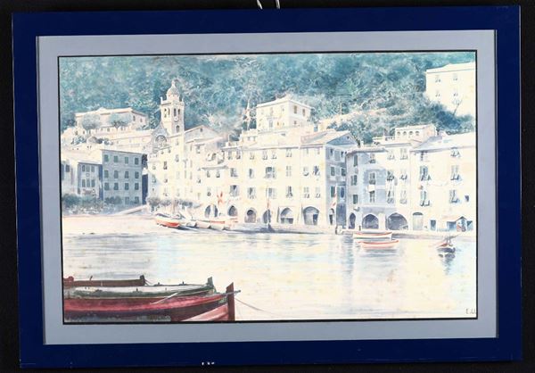 Acquerello raffigurante Portofino, siglato E.U