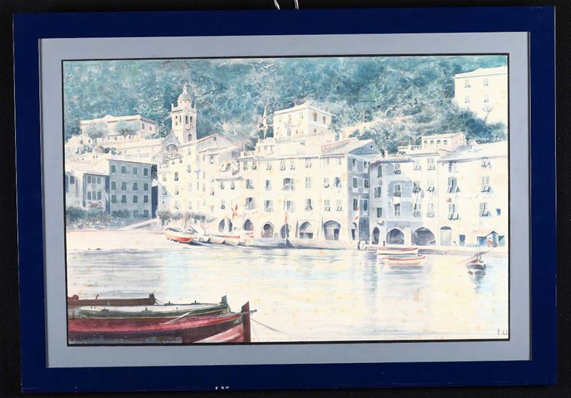 Acquerello raffigurante Portofino, siglato E.U  - Asta Asta a Tempo Dipinti - Cambi Casa d'Aste