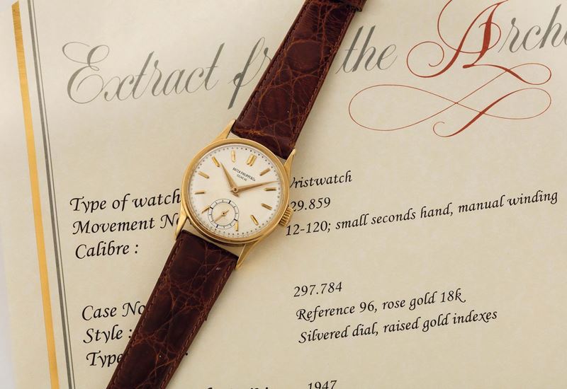 PATEK PHILIPPE, Geneve, REF. 96, CALATRAVA, PINK GOLD, movement No. 929859, case No. 297784. Accompanied by the Extract. Made circa 1947.  - Auction Watches and Pocket Watches - Cambi Casa d'Aste