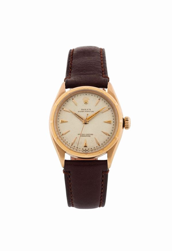 ROLEX, Oyster Perpetual, Officially Certified Chronometer, Honeycomb Dial, Ref. 6285, orologio da polso, in oro giallo 18K, automatico, impermeabile, secondi al centro. Realizzato nel 1950 circa