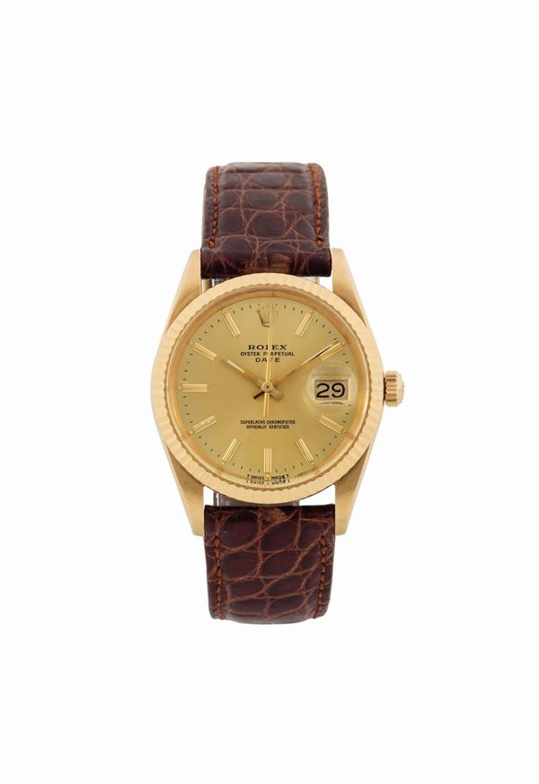 ROLEX, “Oyster Perpetual, Date, Superlative Chronometer Officially Certified”, case No. 9397670, Ref. 15238. Fine, tonneau-shaped, center-seconds, self-winding, water-resistant, 18K yellow gold  wristwatch with date and a gold-plated Rolex buckle. Made circa 1986