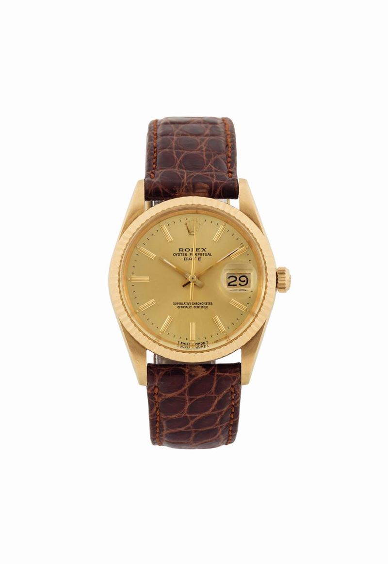 ROLEX, “Oyster Perpetual, Date, Superlative Chronometer Officially Certified”, case No. 9397670, Ref. 15238. Fine, tonneau-shaped, center-seconds, self-winding, water-resistant, 18K yellow gold  wristwatch with date and a gold-plated Rolex buckle. Made circa 1986  - Auction Watches and Pocket Watches - Cambi Casa d'Aste