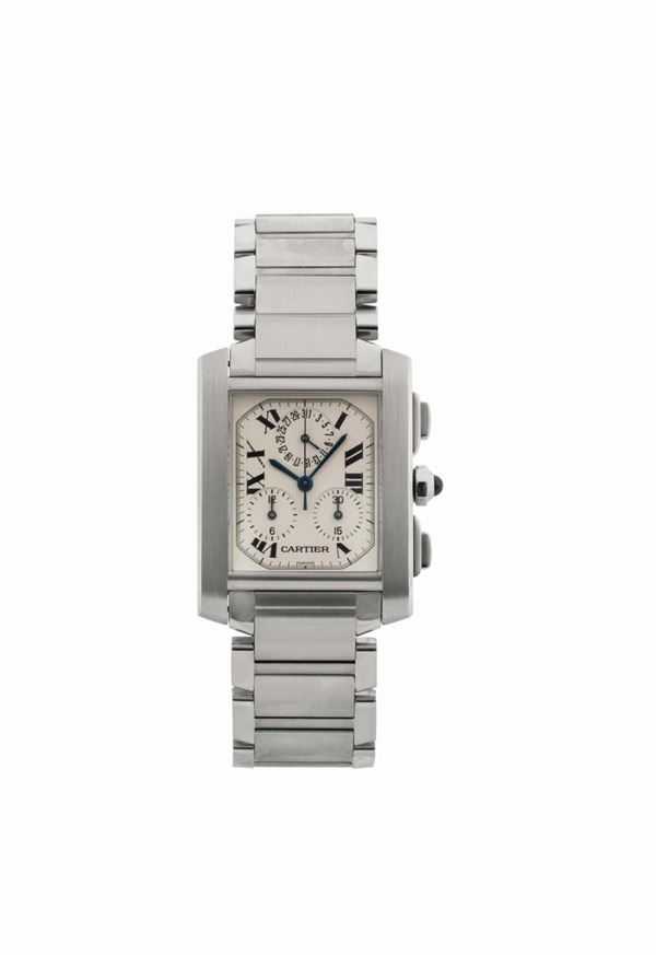 CARTIER, TANK CHRONOREFLEX STEEL QUARTZ , case No. 22050 BB, Ref. 2303. Fine, rectangular curved, water-resistant, stainless steel quartz wristwatch with square button chronograph, registers, date and a stainless steel Cartier link bracelet with concealed double deployant clasp. Accompanied by the original box. Made circa in the 2000's.