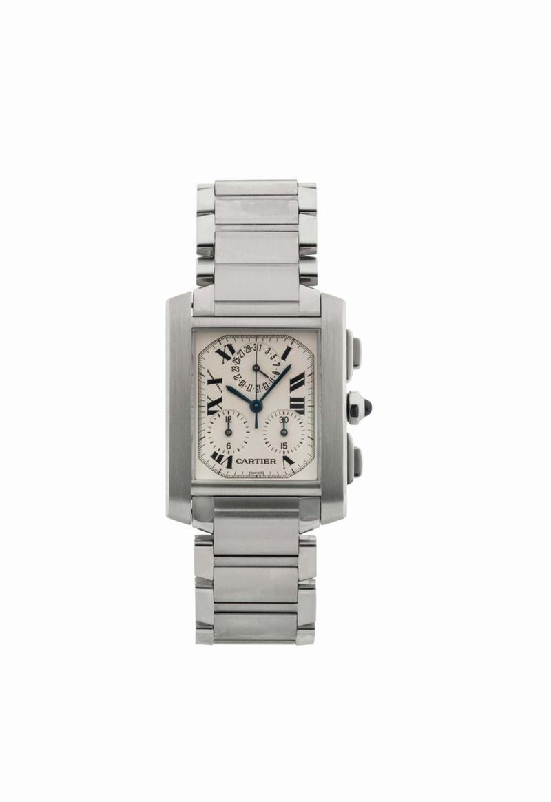 CARTIER, TANK CHRONOREFLEX STEEL QUARTZ , case No. 22050 BB, Ref. 2303. Fine, rectangular curved, water-resistant, stainless steel quartz wristwatch with square button chronograph, registers, date and a stainless steel Cartier link bracelet with concealed double deployant clasp. Accompanied by the original box. Made circa in the 2000's.  - Auction Watches and Pocket Watches - Cambi Casa d'Aste