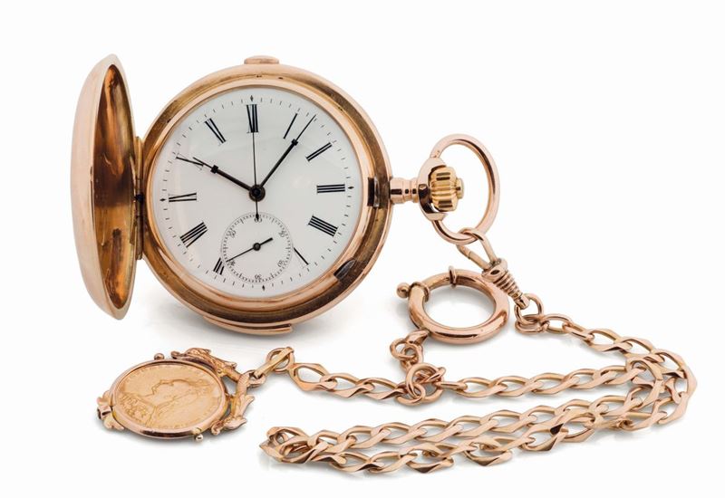 UNSIGNED, KEYLESS, HUNTING CASED, QUARTER REPEATER, 18K PINK GOLD  POCKET WATCH. Accompanied by a gold chain with coin engraved with Queen Victoria and San Giorgio (1890). Made circa 1900  - Auction Watches and Pocket Watches - Cambi Casa d'Aste