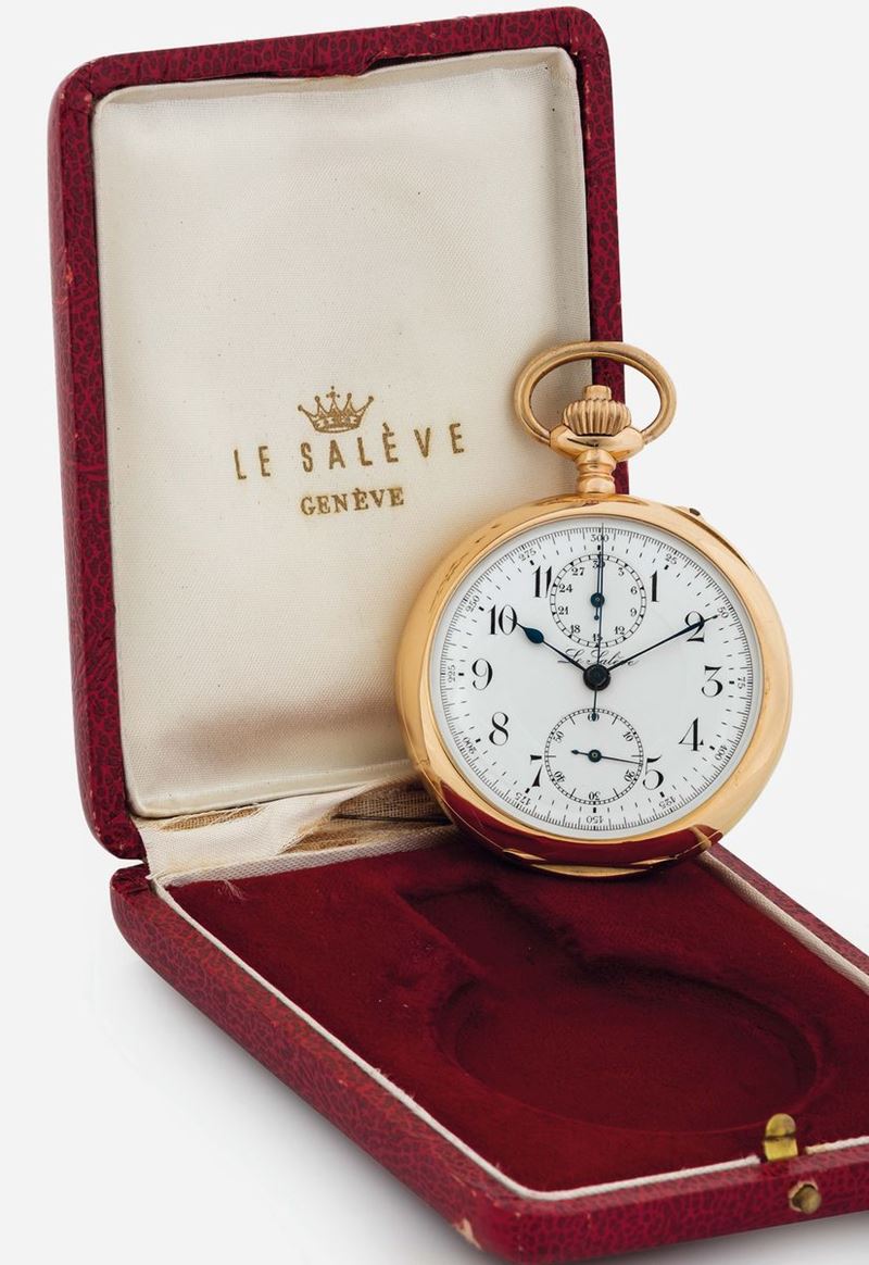 LE SALEVE, 18K yellow gold, open face,  keyless pocket watch with chronograph. Made circa 1900. Accompanied by the original box  - Auction Watches and Pocket Watches - Cambi Casa d'Aste