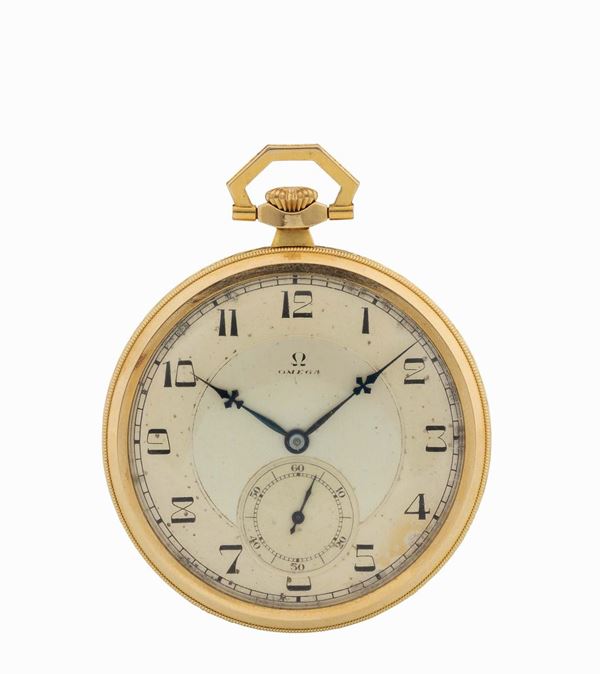 OMEGA, case No. 7587071, movement No. 7440317, 18K yellow gold, keyless, open face pocket watch. Made circa 1920 circa