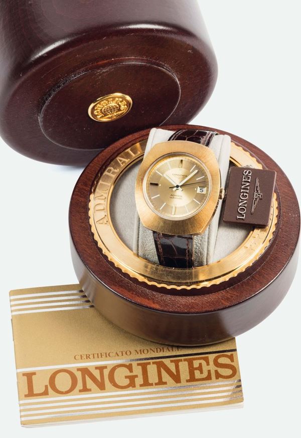 LONGINES, Admiral Automatic, case No. 16079801, fine, stainless steel and gold plated self-winding wristwatch with date and an original buckle. Made circa 1970. Accompanied by the original box and Guarantee