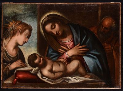 Scuola Veneta della Fine del XVI Secoloadorazione del Bambino della Sacra Famiglia e Santa Cateri...