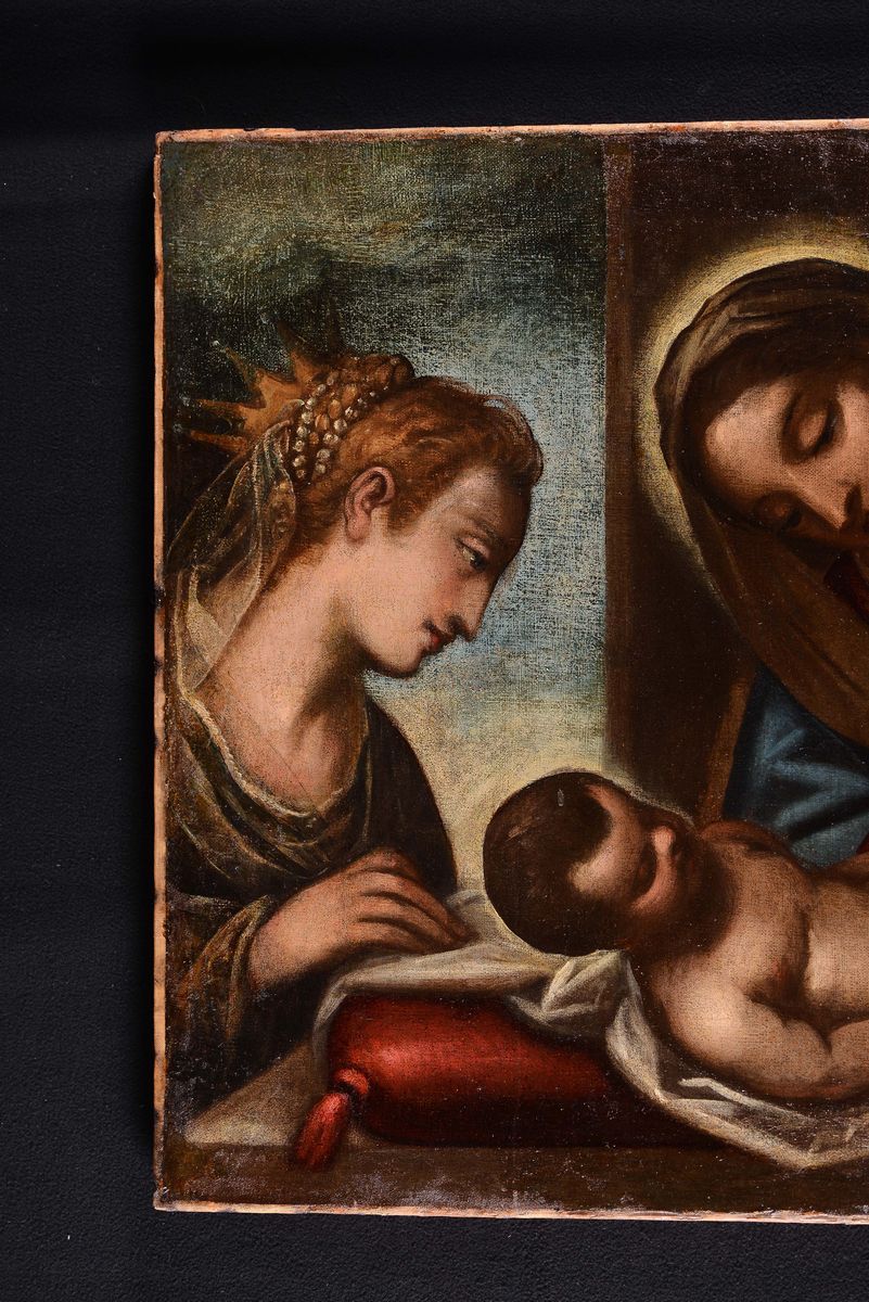Scuola Veneta della Fine del XVI Secoloadorazione del Bambino della Sacra Famiglia e Santa Cateri...