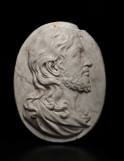 Profilo di Cristo. Altorilievo Ovale in Marmo Bianco, Arte Barocca Romana del XVII Secolo