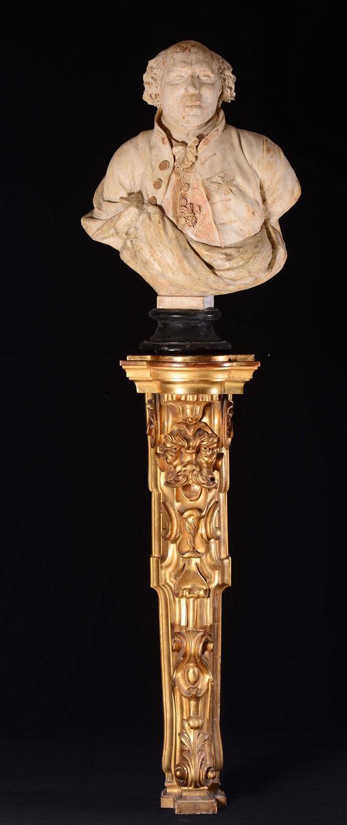 Ritratto di Pietro Leopoldo d’Asburgo Lorena, Granduca di Toscana. Busto in gesso, fine del XVIII secolo, su colonna in legno intagliato e dorato del XIX secolo Busto Granduca Leopoldo I di Toscana  - Asta Le Stanze di una Collezione Fiorentina - II - Cambi Casa d'Aste